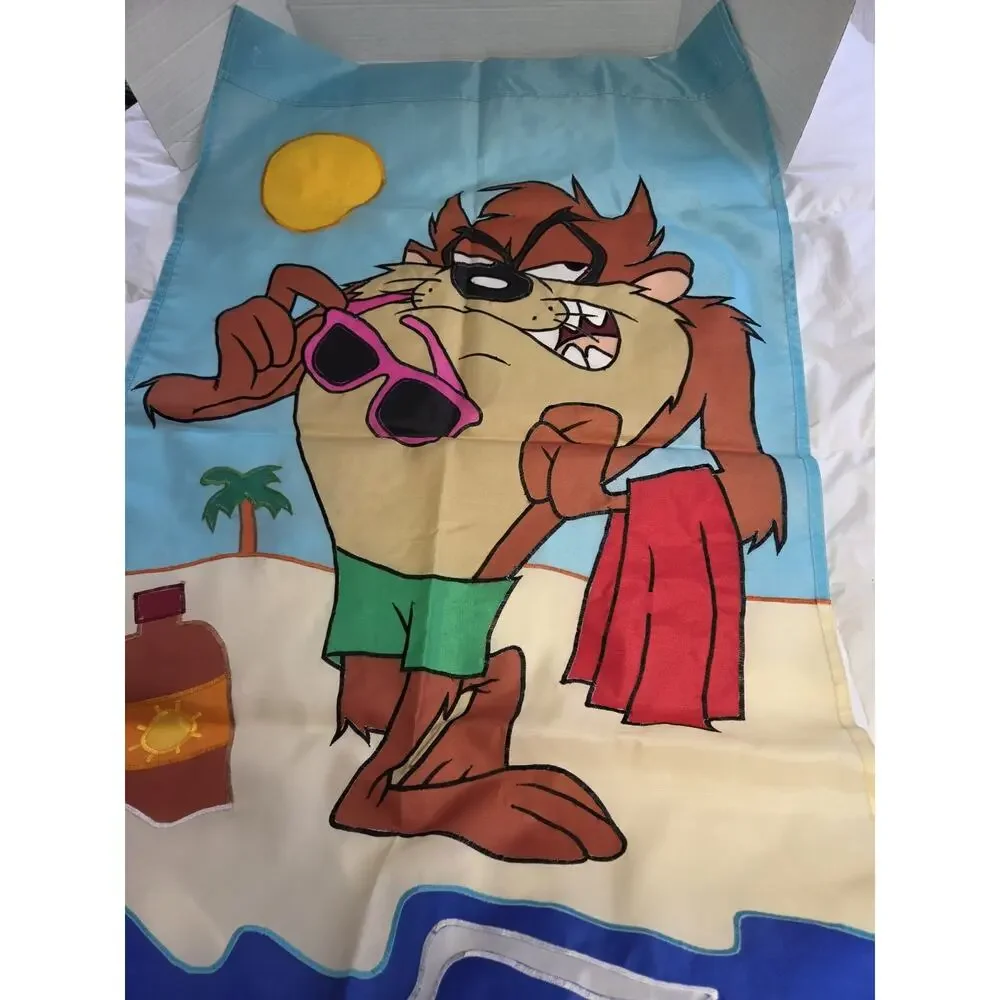 Vtg Looney Tunes Taz Tazmanian Devil at Beach Nylon Flag Banner 90's Retro Y2K